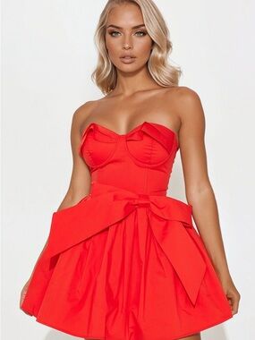 Fashion Nova Strapless Red Mini Dress with Bow Detail